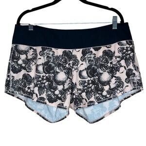 Oiselle Roga athletic running shorts black pink roses Botanical Woman's 14‎